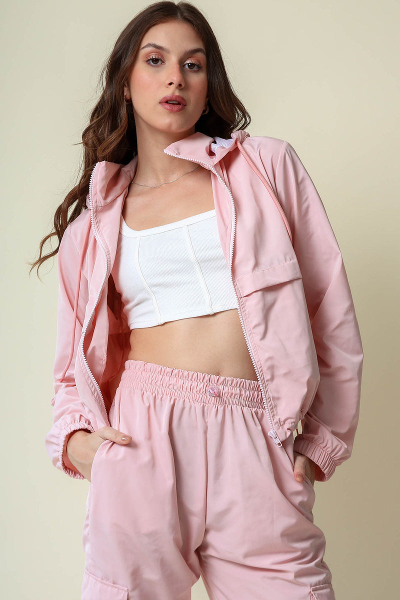 Jaqueta Corta Vento Rosa Com Capuz